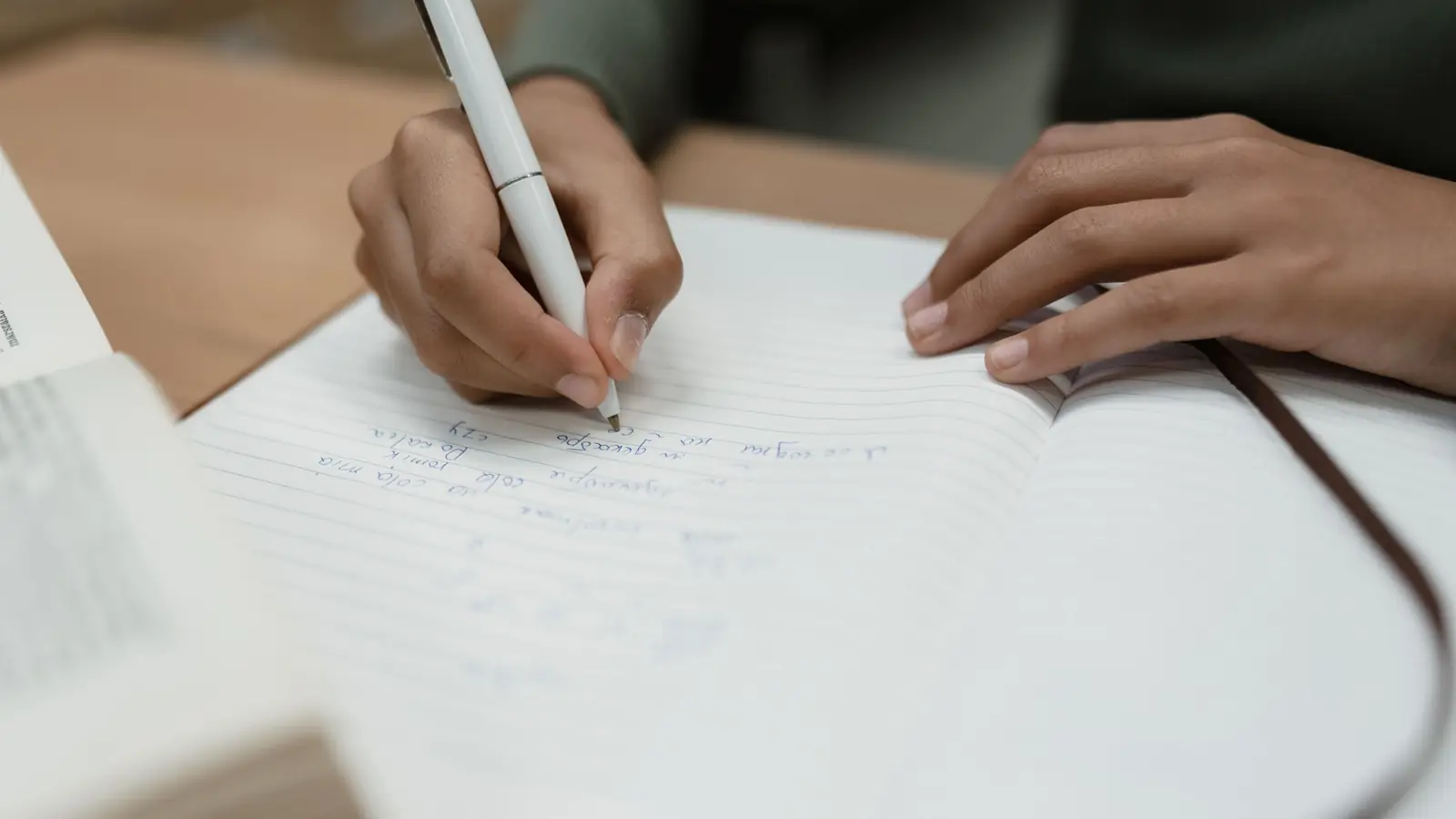 Close de mãos escrevendo à caneta em um caderno aberto, com um livro desfocado em primeiro plano e luz natural